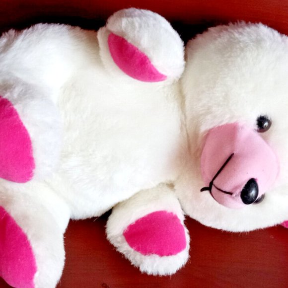 Vintage White and Pink Teddy Bear Plush Stuffed with New Polyester 17" Shining - Picture 2 of 6